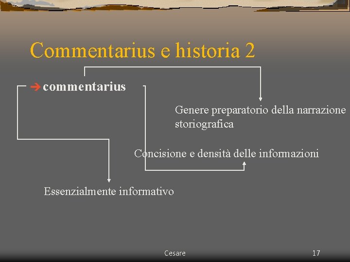 Commentarius e historia 2 è commentarius Genere preparatorio della narrazione storiografica Concisione e densità Commentarius e historia 2 è commentarius Genere preparatorio della narrazione storiografica Concisione e densità
