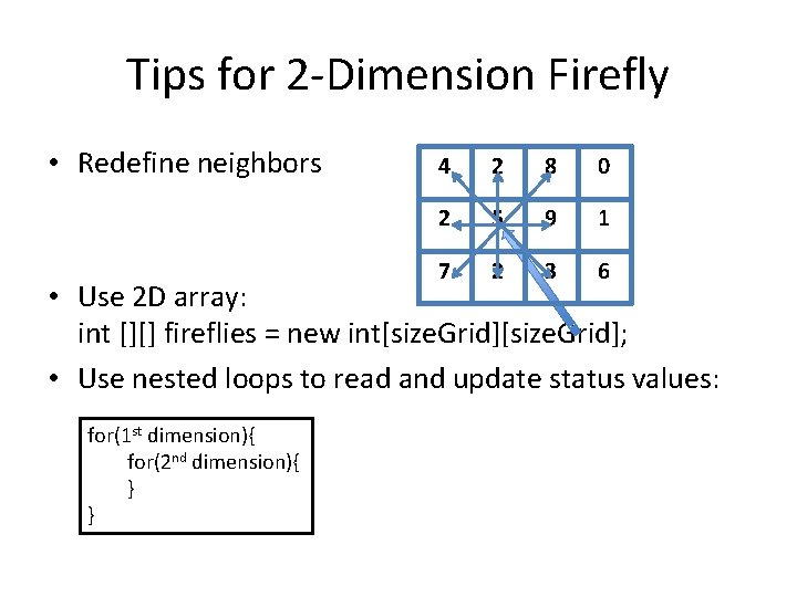 Tips for 2 -Dimension Firefly • Redefine neighbors 4 2 8 0 2 5