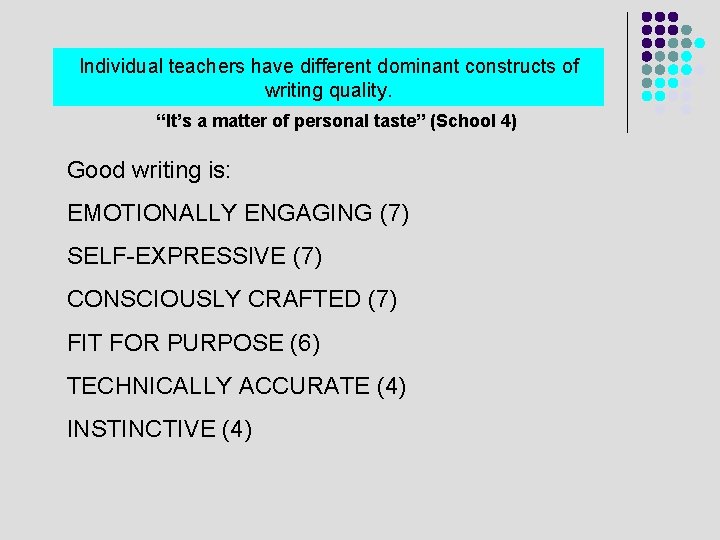 Individual teachers have different dominant constructs of writing quality. “It’s a matter of personal