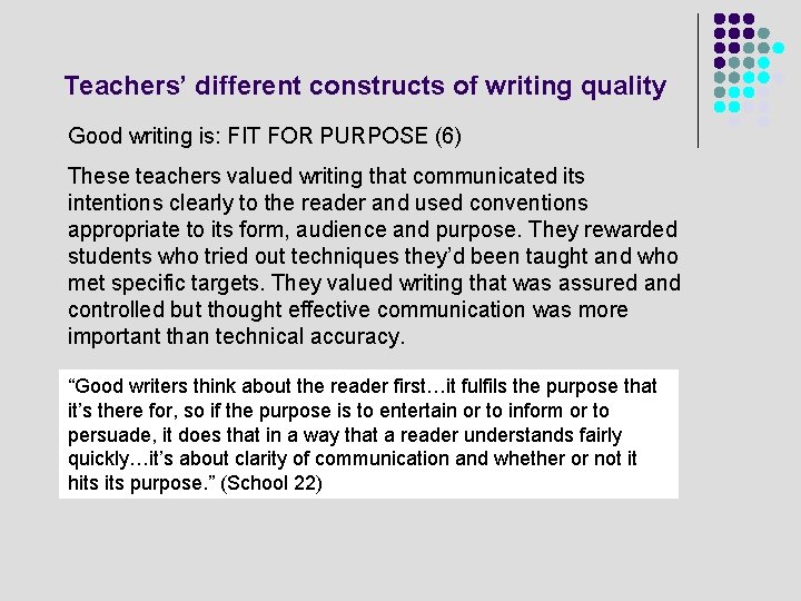 Teachers’ different constructs of writing quality Good writing is: FIT FOR PURPOSE (6) These