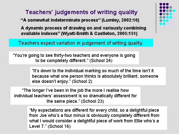 Teachers’ judgements of writing quality “A somewhat indeterminate process” (Lumley, 2002: 10) A dynamic