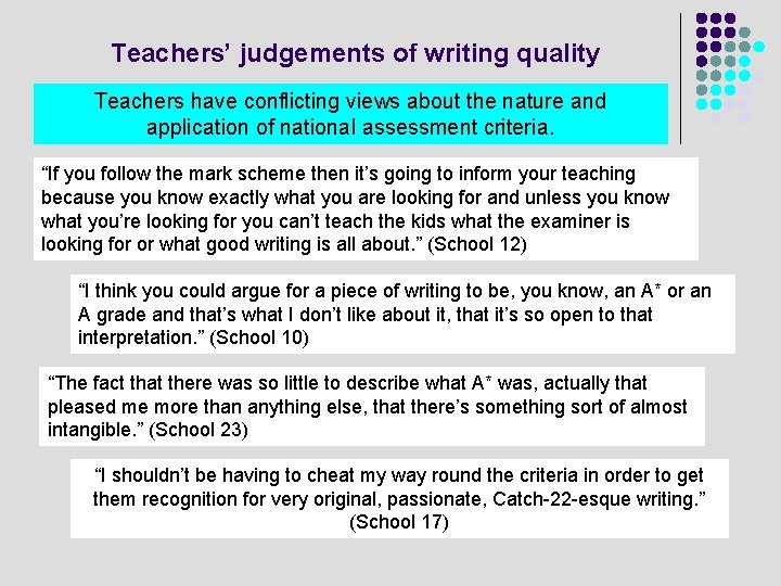 Teachers’ judgements of writing quality Teachers have conflicting views about the nature and application