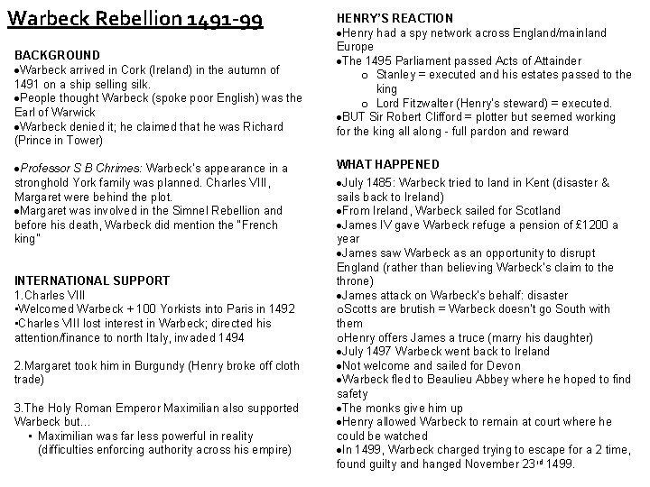 Warbeck Rebellion 1491 -99 BACKGROUND Warbeck arrived in Cork (Ireland) in the autumn of