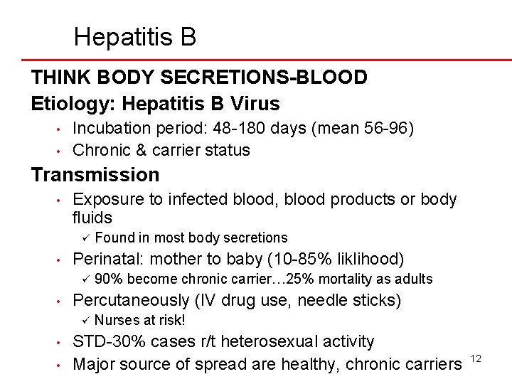 Hepatitis B THINK BODY SECRETIONS-BLOOD Etiology: Hepatitis B Virus • • Incubation period: 48