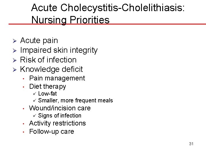 Acute Cholecystitis-Cholelithiasis: Nursing Priorities Ø Ø Acute pain Impaired skin integrity Risk of infection