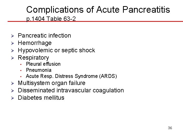 Complications of Acute Pancreatitis p. 1404 Table 63 -2 Ø Ø Pancreatic infection Hemorrhage