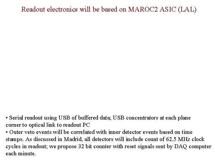 Readout electronics will be based on MAROC 2 ASIC (LAL) • Serial readout using
