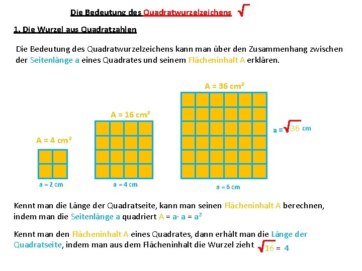 Die Bedeutung des Quadratwurzelzeichens 1. Die Wurzel aus Quadratzahlen Die Bedeutung des Quadratwurzelzeichens kann