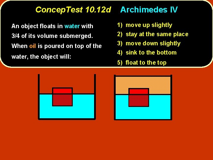 Concep. Test 10. 12 d Archimedes IV An object floats in water with 1)