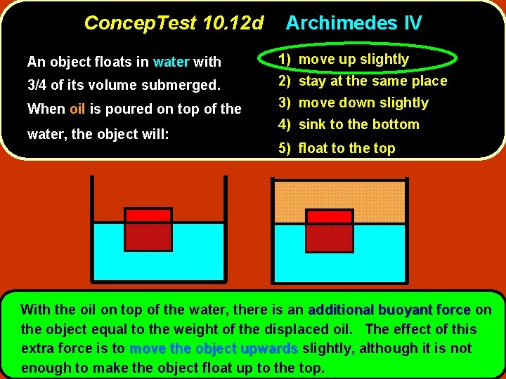 Concep. Test 10. 12 d Archimedes IV An object floats in water with 1)