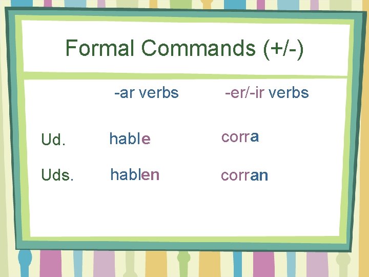 Formal Commands (+/-) -ar verbs -er/-ir verbs Ud. habl e corra Uds. hablen corr