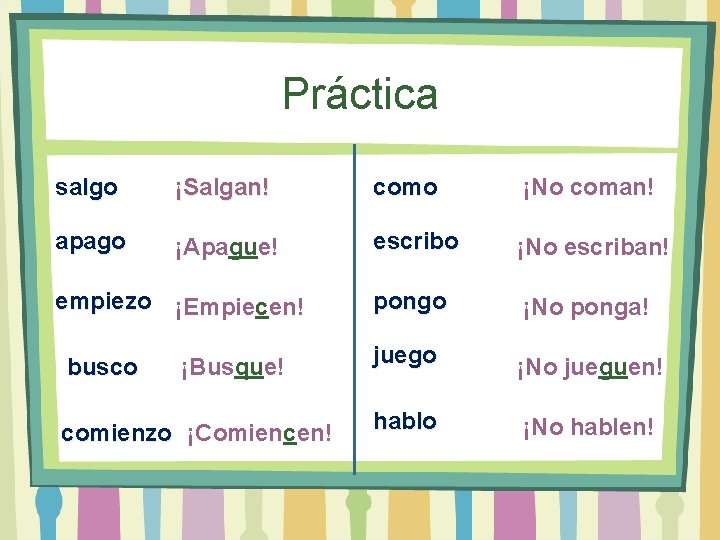 Práctica salgo ¡Salgan! como ¡No coman! apago ¡Apague! escribo ¡No escriban! pongo ¡No ponga!