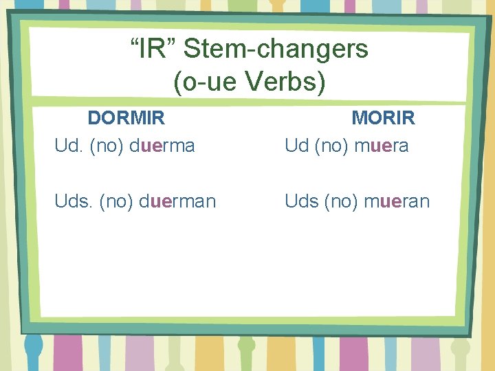 “IR” Stem-changers (o-ue Verbs) DORMIR Ud. (no) duerma MORIR Ud (no) muera Uds. (no)