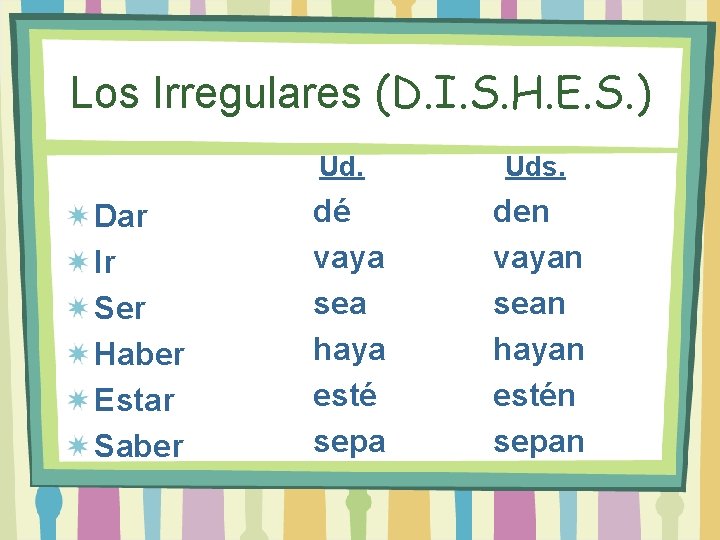 Los Irregulares (D. I. S. H. E. S. ) Dar Ir Ser Haber Estar