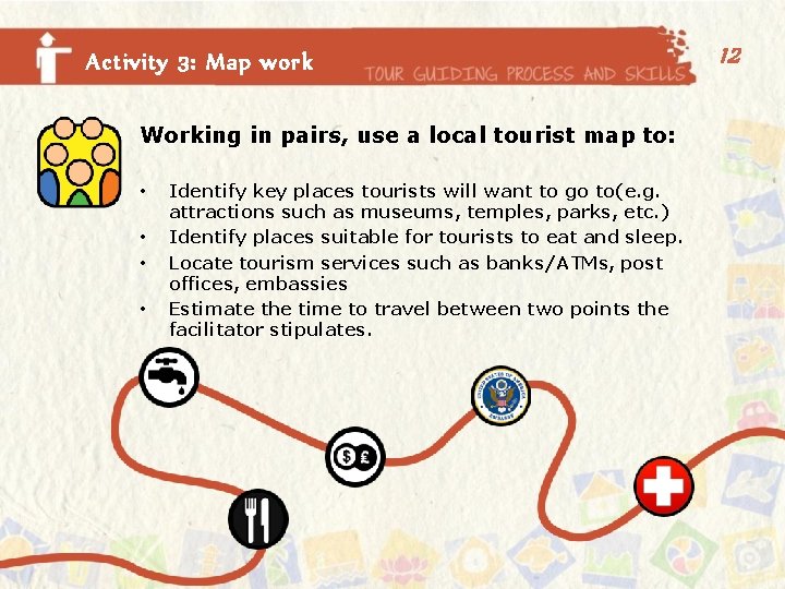 Activity 3: Map work Working in pairs, use a local tourist map to: •