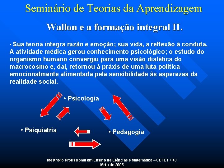 Seminário de Teorias da Aprendizagem Wallon e a formação integral II. • Sua teoria