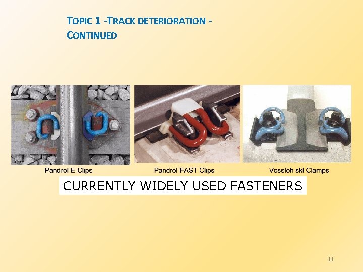 TOPIC 1 -TRACK DETERIORATION CONTINUED CURRENTLY WIDELY USED FASTENERS 11 