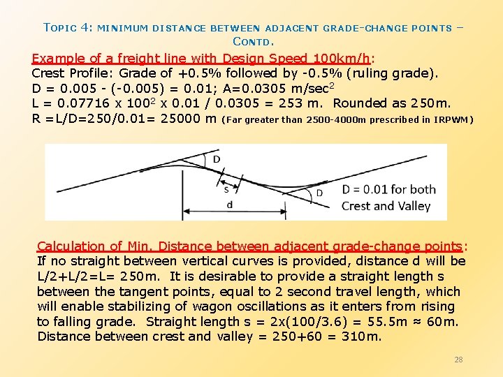 TOPIC 4: MINIMUM DISTANCE BETWEEN ADJACENT GRADE-CHANGE POINTS – CONTD. Example of a freight