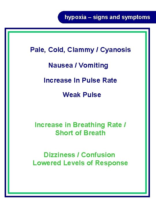 hypoxia – signs and symptoms Pale, Cold, Clammy / Cyanosis Nausea / Vomiting Increase hypoxia – signs and symptoms Pale, Cold, Clammy / Cyanosis Nausea / Vomiting Increase