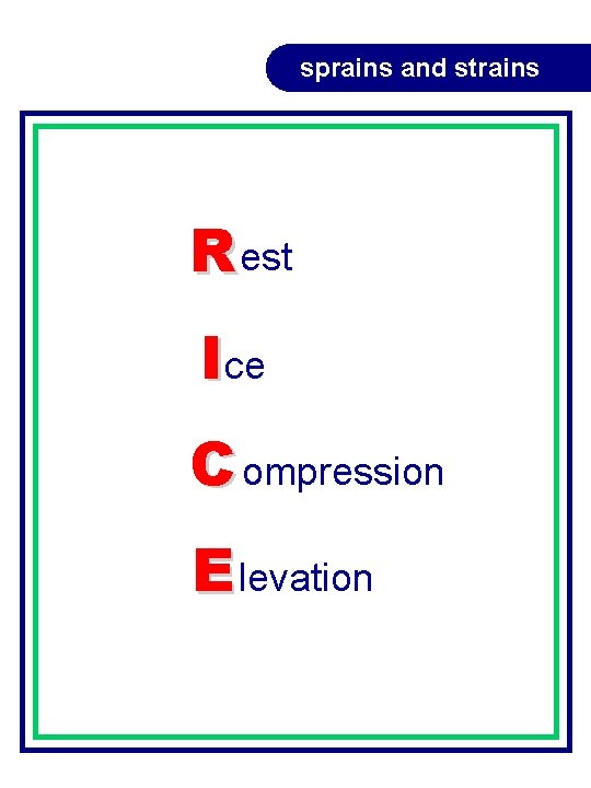 sprains and strains R est Ice C ompression E levation sprains and strains R est Ice C ompression E levation