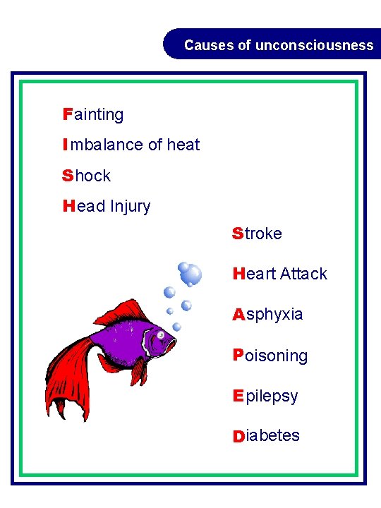 Causes of unconsciousness F ainting I mbalance of heat Shock H ead Injury Stroke Causes of unconsciousness F ainting I mbalance of heat Shock H ead Injury Stroke