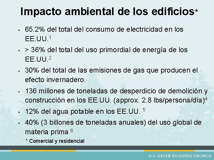 Impacto ambiental de los edificios* • • • 65. 2% del total del consumo