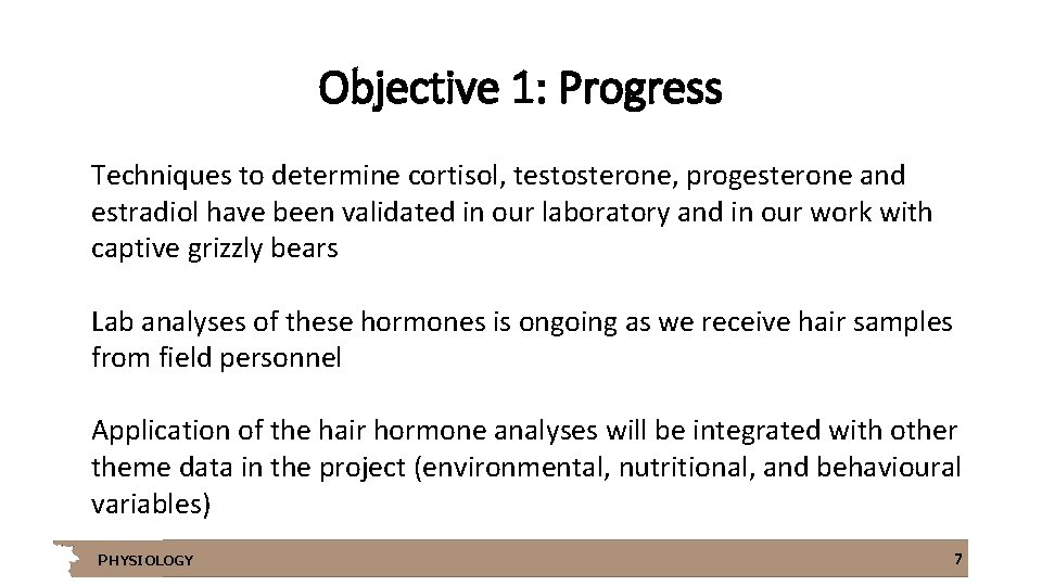 Objective 1: Progress Techniques to determine cortisol, testosterone, progesterone and estradiol have been validated