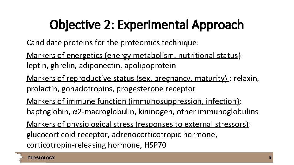 Objective 2: Experimental Approach Candidate proteins for the proteomics technique: Markers of energetics (energy