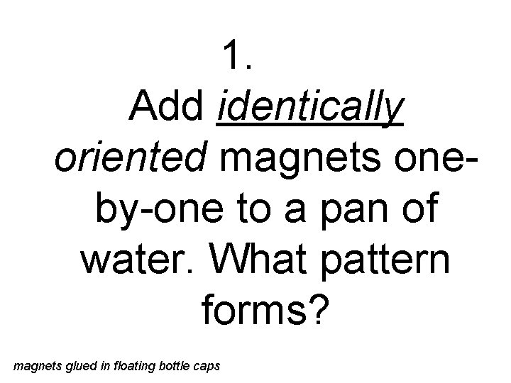 1. Add identically oriented magnets oneby-one to a pan of water. What pattern forms?