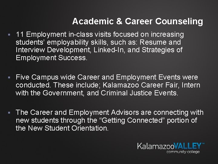 Academic & Career Counseling § 11 Employment in-class visits focused on increasing students’ employability