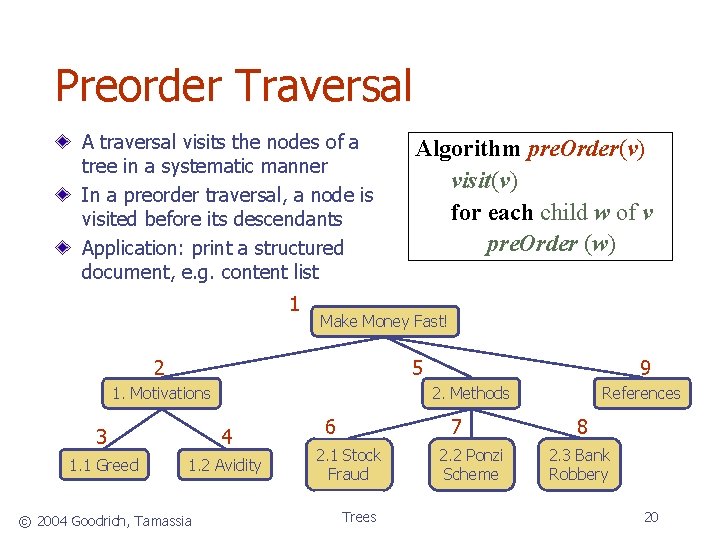 Preorder Traversal A traversal visits the nodes of a tree in a systematic manner