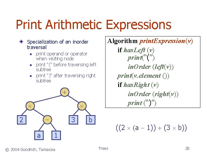 Print Arithmetic Expressions Specialization of an inorder traversal n n n print operand or