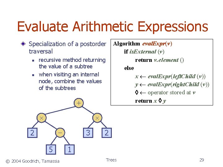 Evaluate Arithmetic Expressions Specialization of a postorder traversal n n recursive method returning the