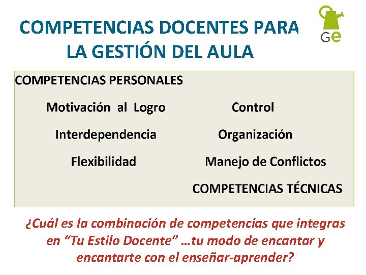 COMPETENCIAS DOCENTES PARA LA GESTIÓN DEL AULA ¿Cuál es la combinación de competencias que