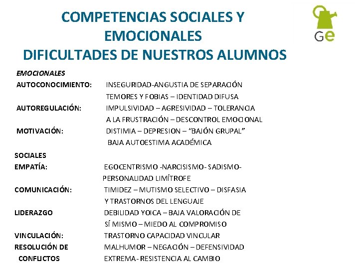 COMPETENCIAS SOCIALES Y EMOCIONALES DIFICULTADES DE NUESTROS ALUMNOS EMOCIONALES AUTOCONOCIMIENTO: INSEGURIDAD-ANGUSTIA DE SEPARACIÓN TEMORES