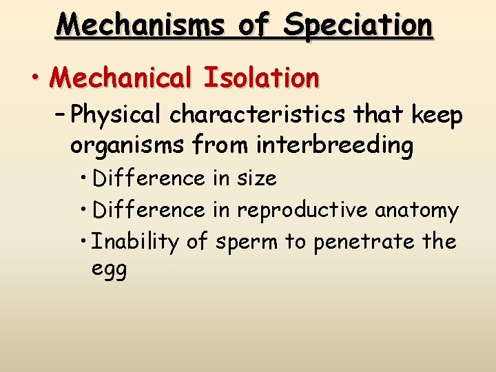 Mechanisms of Speciation • Mechanical Isolation – Physical characteristics that keep organisms from interbreeding