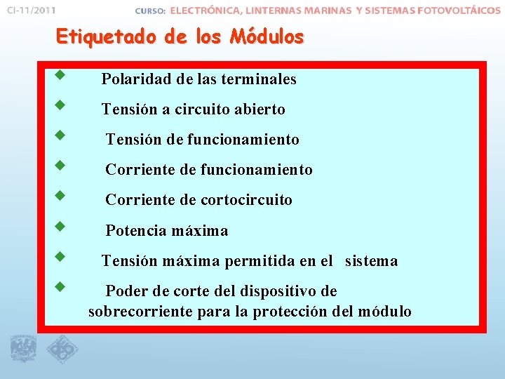 Etiquetado de los Módulos w w w w Polaridad de las terminales Tensión a