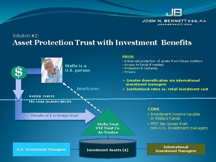 Solution #2: Asset Protection Trust with Investment Benefits PROS • • Stella is a