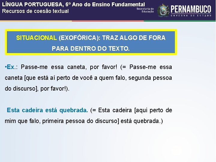 LÍNGUA PORTUGUESA, 6º Ano do Ensino Fundamental Recursos de coesão textual SITUACIONAL (EXOFÓRICA): TRAZ