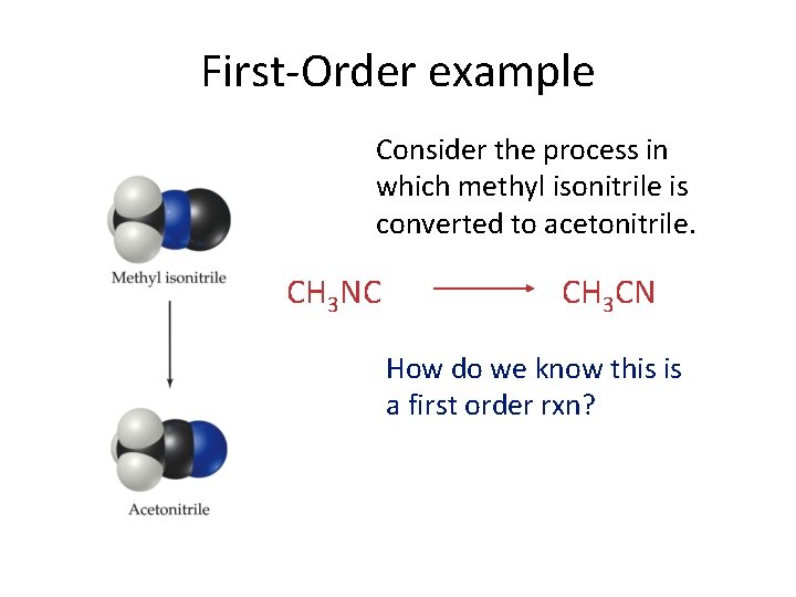 First-Order example Consider the process in which methyl isonitrile is converted to acetonitrile. CH