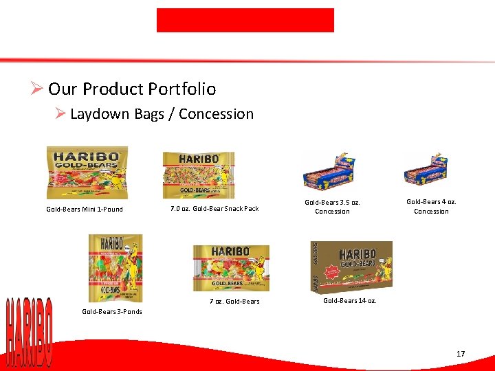 Ø Our Product Portfolio Ø Laydown Bags / Concession Gold-Bears Mini 1 -Pound 7.