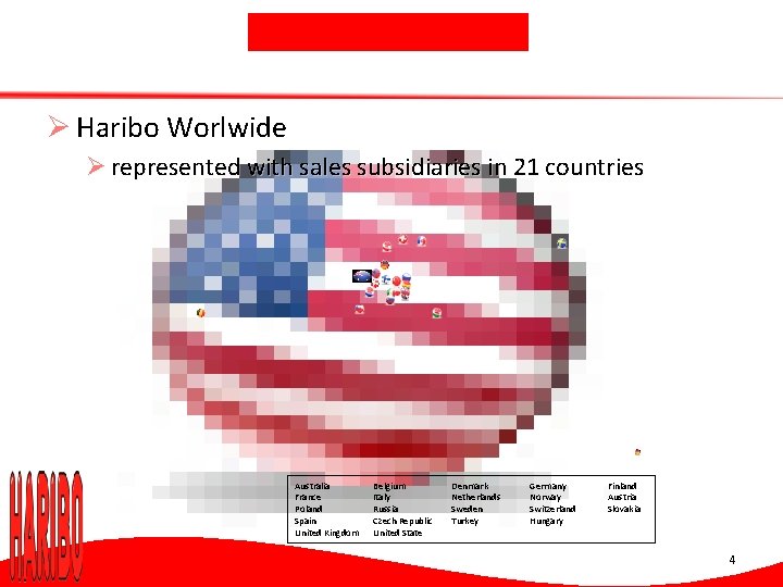 Ø Haribo Worlwide Ø represented with sales subsidiaries in 21 countries Australia France Poland