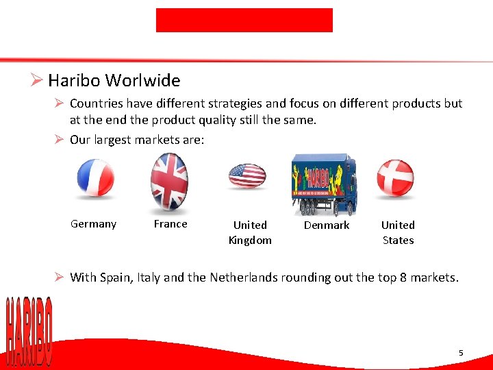 Ø Haribo Worlwide Ø Countries have different strategies and focus on different products but