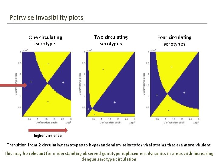 Pairwise invasibility plots One circulating serotype Two circulating serotypes Four circulating serotypes higher virulence