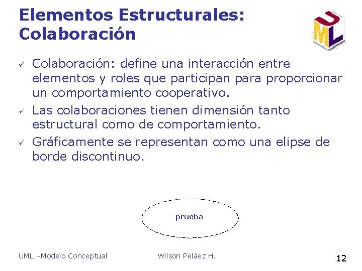 Elementos Estructurales: Colaboración ü ü ü Colaboración: define una interacción entre elementos y roles Elementos Estructurales: Colaboración ü ü ü Colaboración: define una interacción entre elementos y roles