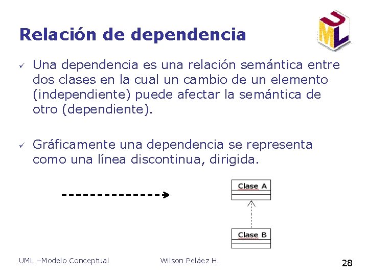 Relación de dependencia ü ü Una dependencia es una relación semántica entre dos clases Relación de dependencia ü ü Una dependencia es una relación semántica entre dos clases