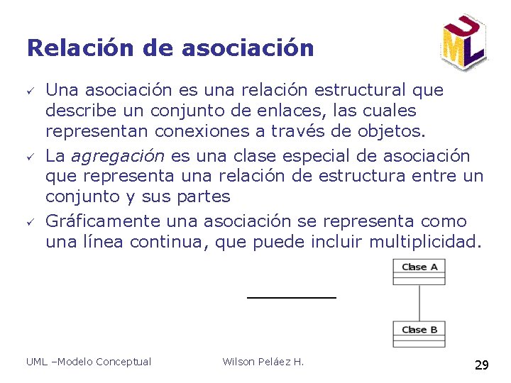 Relación de asociación ü ü ü Una asociación es una relación estructural que describe Relación de asociación ü ü ü Una asociación es una relación estructural que describe