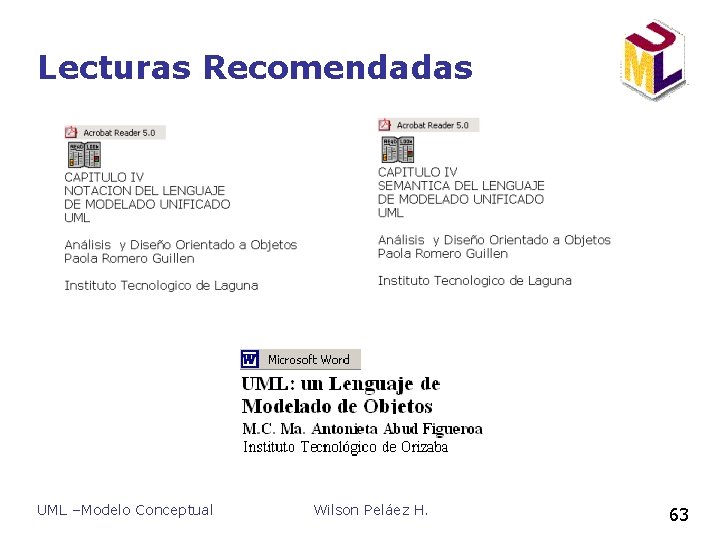Lecturas Recomendadas UML –Modelo Conceptual Wilson Peláez H. 63 Lecturas Recomendadas UML –Modelo Conceptual Wilson Peláez H. 63