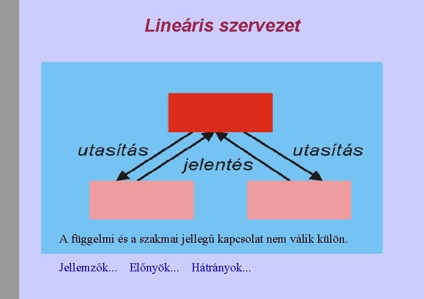 Lineáris szervezet A függelmi és a szakmai jellegű kapcsolat nem válik külön. Jellemzők. .