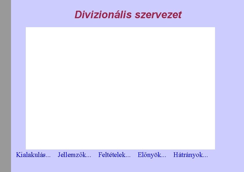 Divizionális szervezet Kialakulás. . . Jellemzők. . . Feltételek. . . Előnyök. . .